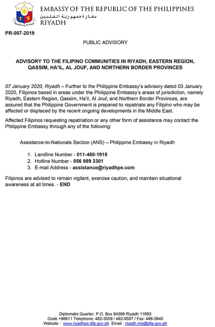 ADVISORY TO THE FILIPINO COMMUNITIES IN RIYADH, EASTERN REGION, QASSIM, HA’IL, AL JOUF, AND NORTHERN BORDER PROVINCES