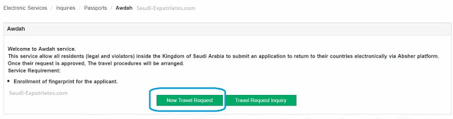 Procedure to Apply for Awdah Service in Absher for returning to home countries from Saudi Arabia