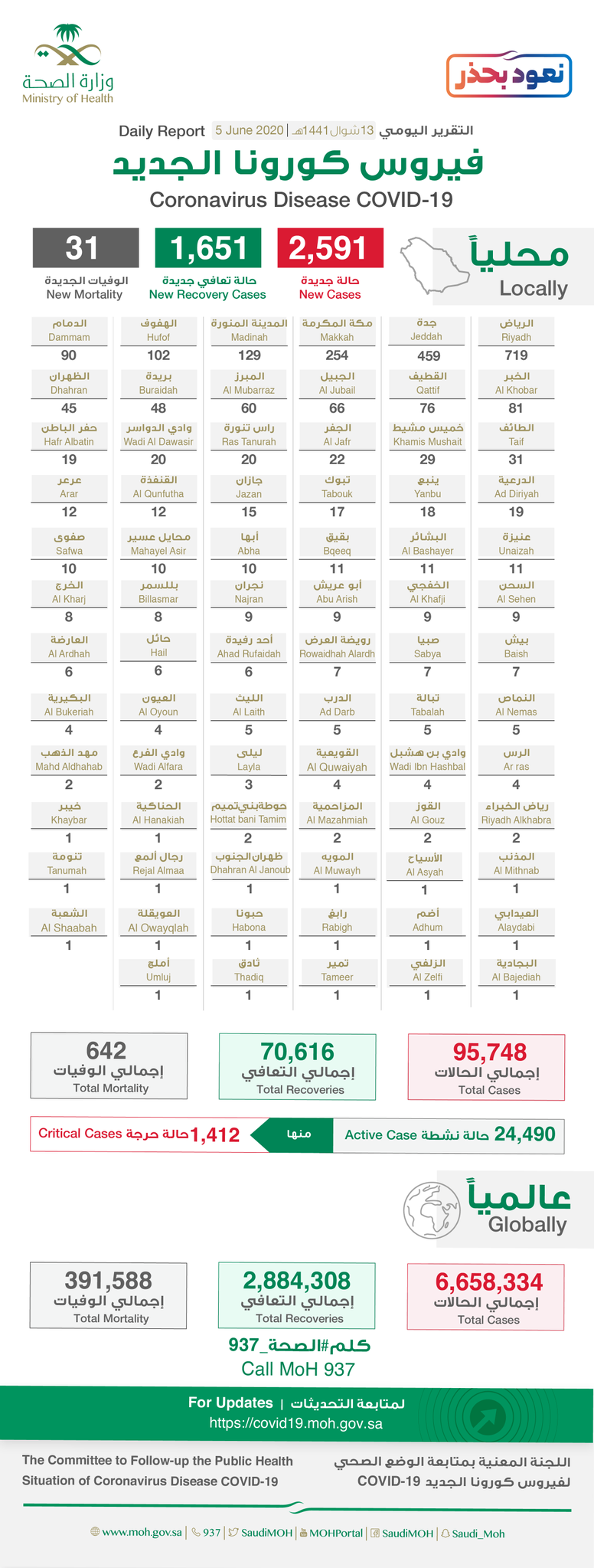 Saudi Arabia Coronavirus : Total Cases : 95748, Cured : 70616 , New Cases : 2591 , Deaths: 642 , Active Cases : 24491